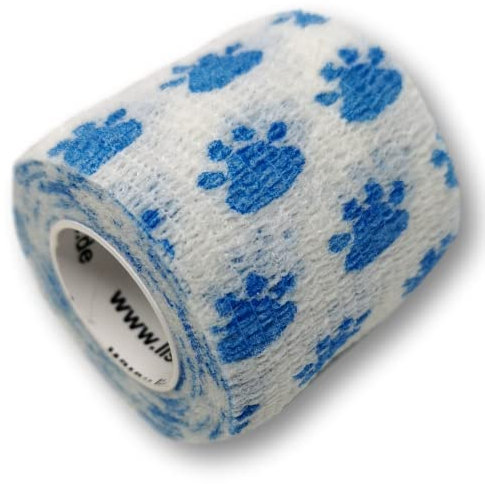 LisaCare Hunde Verbandsmaterial - 4 Rollen 5cm breit - Tatzen- & Pfotenschutz für Haustiere - kohäsiv, atmungsaktiv, elastisch - Riesige Farb- & Motivauswahl (Tatze Blau/Weiß)