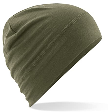 Beechfield - B370 Military Green Merino Wool Beanie Hat - Unisex Winter Hat, Lightweight Performance and One Size Beenie Hat - Double Layer - Made of 100% Merino Wool