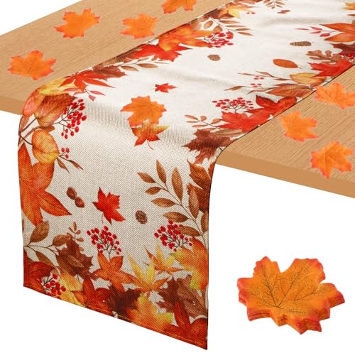 30 x 180cm Tischläufer Herbst Ahornblätter Jute Herbstdeko Tisch Erntedankfest 50 Pcs Künstliche Ahornblätter Herbstlaub Tischdeko Herbst Tischdecke Party Dekoration für Halloween Hochzeit
