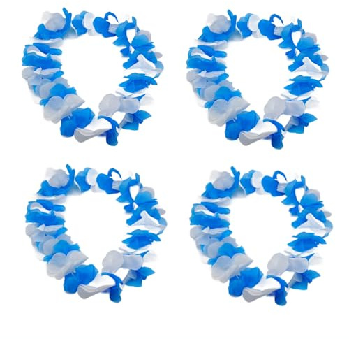 4 pièces hawaïennes avec 30 grandes fleurs - Blanc/bleu - Pour plage, carnaval, fête à thème, été, mariage, anniversaire, fleurs en satin