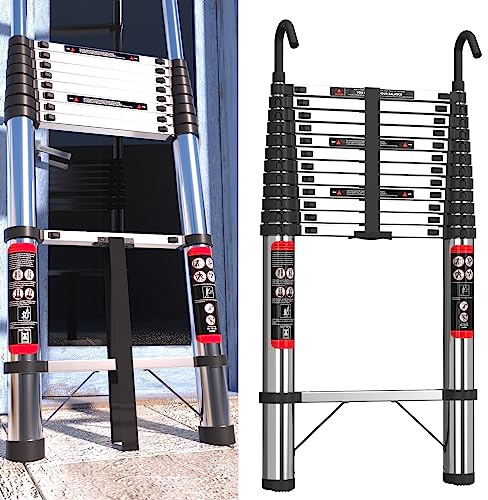 Scala telescopica da 5 m con gancio, prolunga telescopica in acciaio inox, portatile, multiuso, 12 gradini, antiscivolo, capacità 150 kg, per interni ed esterni, EN131