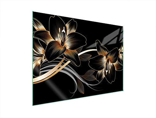 DarHaus Plaque de recouvrement, 70 x 52 cm, en verre, pour cuisinières électrique, à induction, convient comme décoration, protection anti-éclaboussures ou planche à découper, Orchidée Noir