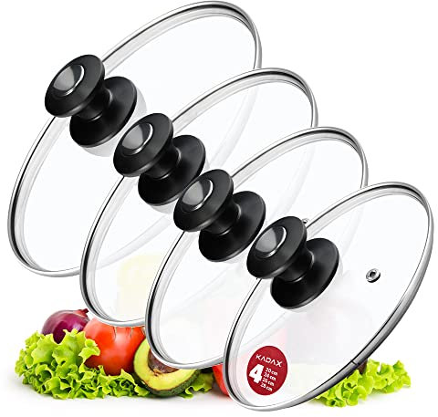 KADAX Lot de couvercles de casserole universels en verre avec poignée, résistants à la chaleur, différentes tailles, couvercle en verre pour casserole (20+24+26+28 cm, poignée noire et argentée)