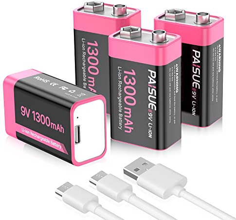 Piles 9V Rechargeables, 1300mAh Haute capacité Lithium-ION 9 Volt Piles carrées avec Port de Charge USB-C Rapide (Pack de 4)