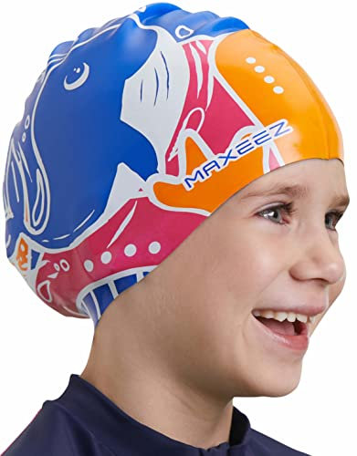 MAXEEZ Premium Badekappe Kinder (Gr. M) - Badehaube mit excellenter Passform - in knallig leuchtenden Farben für optimale Sichtbarkeit