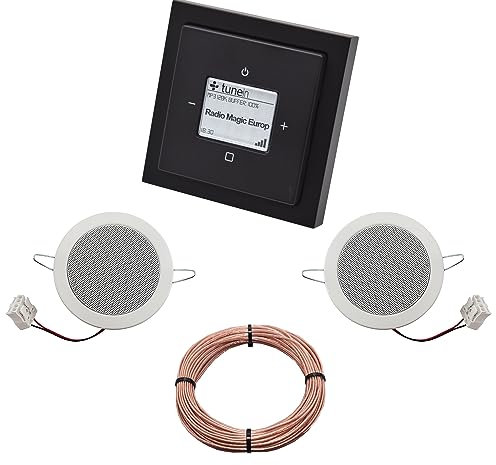 Busch Jäger iNet Internet Unterputz Radio 8216U Future SCHWARZ MATT, Komplett-Set mit 2 x Deckenlautsprecher Einbaulautsprecher + 20 m Lautsprecherkabel 2x0,75 mm2 8216 U Internetradio