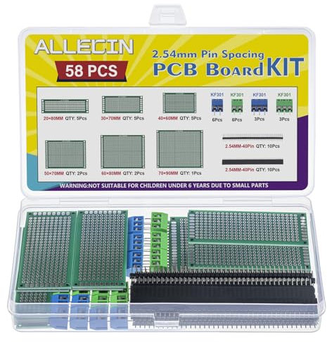 ALLECIN Lochrasterplatine PCB Board Kit 20Stk Doppelseitige Leiterplatten Prototyp Lochrasterplatte 20Stk 40Pin Header Männlich/Weiblich Stiftleiste 18Stk 2Pin 3Pin Schraubklemmenblock (58Stk)