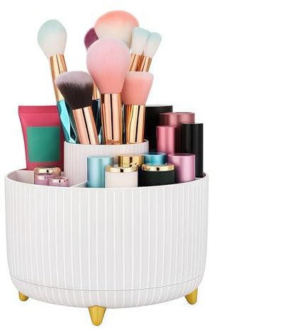 Gerhannery 360° Rotatif Organisateur Maquillage, Rangement Pinceaux, Pot à Crayon 5 Compartiments, Multifonctionnel Cosmétique pour Coiffeuse Salle de Bains