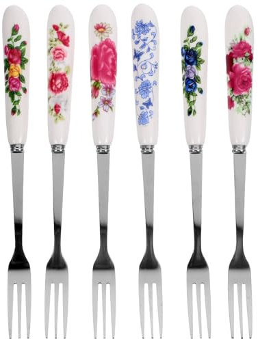 Ciieeo 6pcs Stainless Steel Dessert Forks with Ceramic Handles - Multi-Design Small Forks for Cakes, Fruits, and Snacks - Compact and Easy to Clean