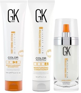 GK HAIR Fuktgivande schampo och balsam (100 ml) set med lämna in balsam spray (120 ml) för färgbehandlat hår daglig användning rengöring torrt till normal sulfat parabenfri kontroll frissigt