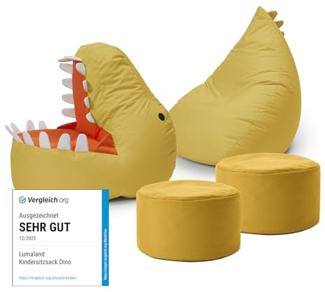 Lumaland barnsittsäck-set Dino, 4 delar. | Sittsäck för utomhus och inomhus | fåtölj BZW. Barnsoffa med fyllning, perfekt för barnrum | 1 x dino, 1 x monster och 2 x puff