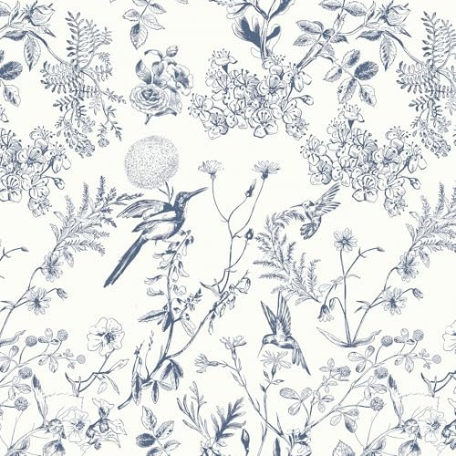 Yomshi Papier Peint Autocollant Fleurs 44 × 300 cm Bleu et Blanc Papier Peint Fleurs et Oiseaux Film Adhésif Vinyle Imperméable Film Papier Peint Botanique pour Salon Chambre à Coucher Mur