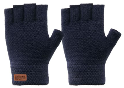 Long Keeper Guantes Invierno Sin Dedos Hombre Mujer Guantes Termicos Medio Dedo Guantes Calientes Invierno Guantes De Punto Cálido para Conducir Correr Ciclismo (Azul Marino)