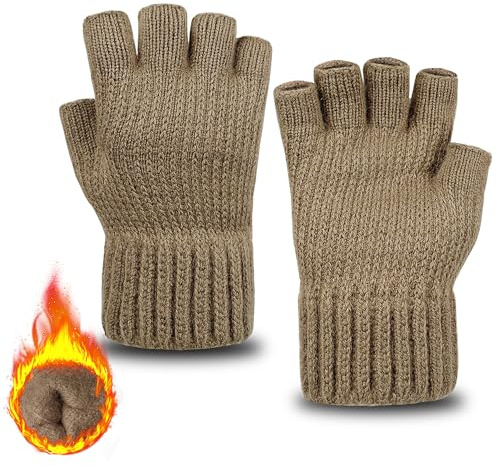 ehsbuy - Gants sans doigts pour homme - Thermiques en polaire douce doublée - Demi-doigts - Gants d’hiver chauds tricotés pour le travail, la conduite, le cyclisme, les sports de plein air, café