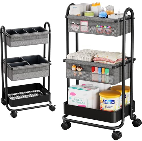 Modanais Baby Diaper Caddy Organizer Cart - 3 Tier Rolling Storage Cart with Wheels, Baby Essentials for Nursery Storage, Detachable Dividers - for Crib, Bedroom, Art & Craft Organizer (Black)