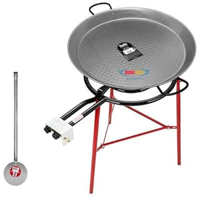 Paella Cooking Set with Polished Steel Paella Pan, Gas Burner, Legs and Skimming Spoon - Paellera Set for use at Home or Garden Outdoor Cooking (60cm Pan with 40cm 2 Ring Burner)