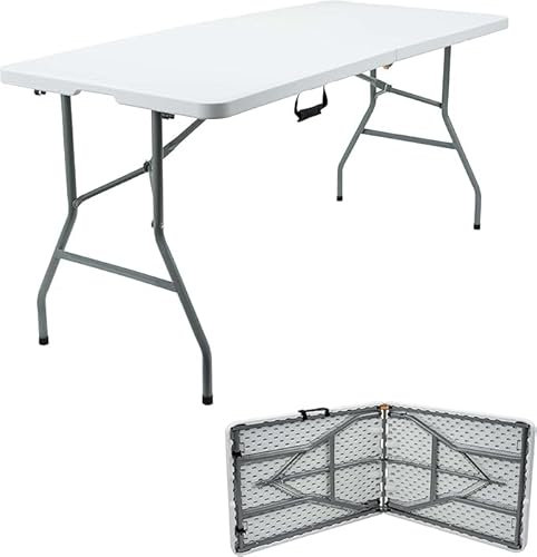 Crystals 6FT Heavy-Duty Folding Trestle Table, White Plastic Rectangular Dining Table, 183cm x 76cm x 74cm, Ideal for Indoor/Outdoor Use, Catering, BBQs, Garden Parties, Picnics, Trade Shows