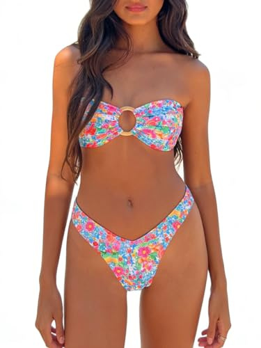 Alyweatry Women Floral Bandeau Bikini Set O Ring Strapless Tie Back Bikini Top High Cut Cheeky Thong Bathing Suit (Colorful Floral, S)