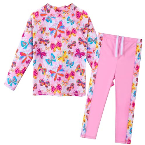 ZNYUNE Mädchen Zweiteiliger Badeanzug Stoffdruck Kinder Badebekleidung Lange Ärmel + Hosen Schwimmanzug S489 PinkButterfly 10A