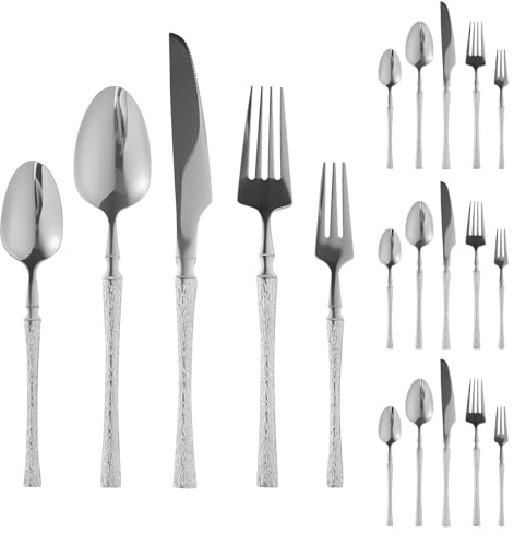 Cutlery Set, 20Pcs Stainless Steel Knife Fork Dessert Spoon Set with Slim Handle, Silverware Set Smooth Surface, Dishwasher Safe, Flatware Set for Home Dining, Banquet, and Catering Events (Silver)