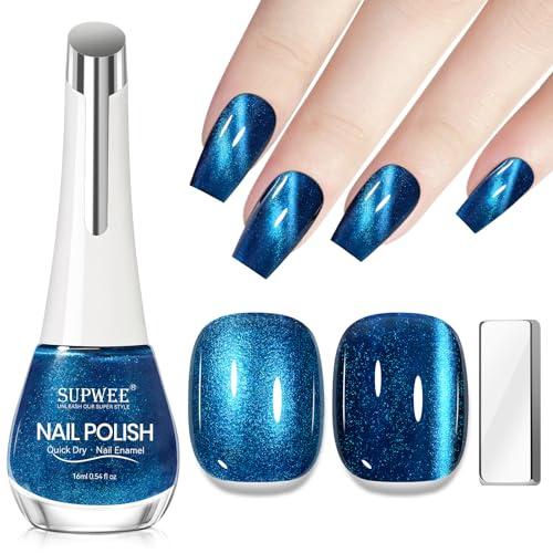 SUPWEE Blue Cat Eye Nail Polish with Magnet, Magnetic Nail Polish Non Gel Quick Dry No UV Lamp Needed, Air Dry Fast Lacquer Manicure Gift for Women Girls 16ml