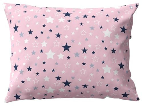 PinkZebra Funda de almohada infantil de 50 x 70 cm, 100 % algodón, funda de cojín para niños, certificado Öko-Tex Standard 100, funda infantil con cremallera, fabricada en la UE, estrellas rosas