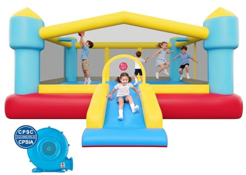 VEVOR Castello Gonfiabile Parco Gioco per Bambini da Esterno 448 x 420 x 207 cm con Scivolo Canestro da Basket, Castello Gonfiabile per 3-4 Bambini Feste all'Aperto Gioco per Età 3-8 Anni