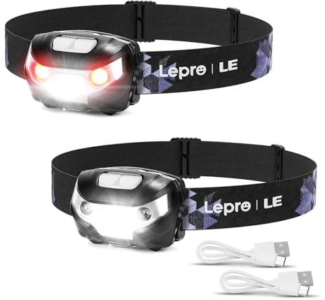Lepro Linterna Frontal LED USB Recargable, Linterna Cabeza 5 Modos de Luz (Blanco y Rojo), Impermeable IPX4, Frontal LED Recargable para Pesca, Ciclismo, Running, Correr, Deporte Nocturno, Pack de 2