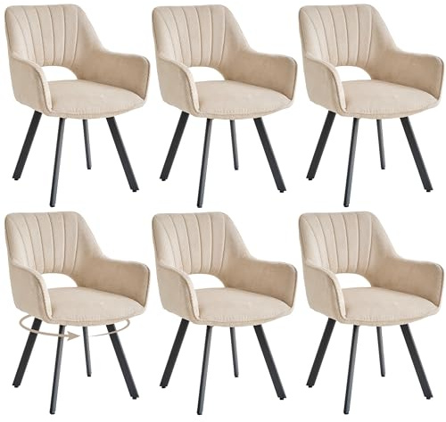GrandCA HOME Set med 6 st 360° svängbar matsalsstol med armstöd, linneklädd, modern köksstol med metallben, idealisk för kök, matsalar och sovrum - Khaki