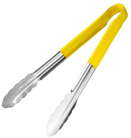Hygiplas Pince de service de cuisine à code couleur Pro-Grade 300 mm, jaune, acier inoxydable, code couleur jaune pour viande cuite, poignées recouvertes de vinyle, CB157
