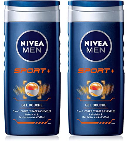 NIVEA MEN 3 in 1 Sport Shower Gel (2 x 250 ml), Men's Body Wash for Body, Face and Hair, Gentle After Sports Cleanser, Conditioner & Freshness Shower Soap 24 Hours