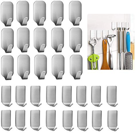Newraturner Adhesive Hooks, 32-Pack Heavy Duty Wall Hooks Stainless Steel Waterproof Hangers for Kitchen, Bathroom, Bags, Towel, Coat, Keys, Robe, Home, Offices (16 Small + 16 Big) (Hooks - 32p)