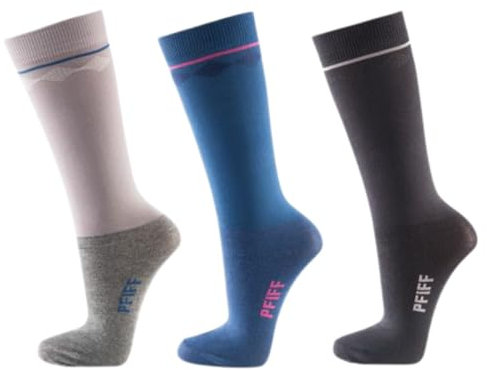 PFIFF 102889 Reitstrümpfe-Set Sommer, Reitsocken, Kniestrümpfe, Fußteil verstärkt, 3 Paar, Blau-Pink, Gr. 36-42