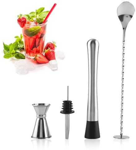 Juego de Cuchara Mezcladora y Medidor de Cócteles con machacador, Vaso de medición de Doble espíritu, Juego de Herramientas para Bares de Acero Inoxidable para Mojitos, Juleps de Menta