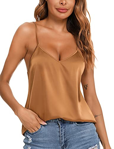 VIDUSSA Canotta da Donna in Satin con Top Senza Maniche a V-Collo Blusa con Spalline in Seta, cachi, L