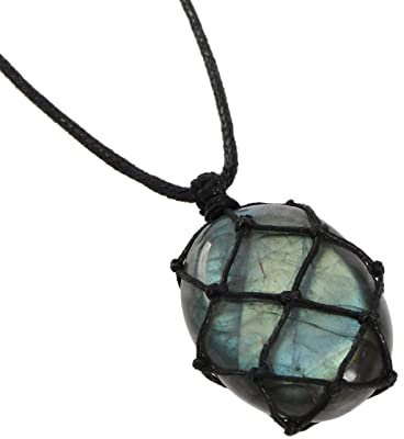ECSiNG Natural Labradorite Palm Crystal Pendant Necklace with Adjustment Hand-Woven Wax Rope Moonlight Stone Retro Gemstone Charm Jewelry