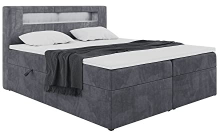 MEBLINI Boxspringbett mit Bettkasten - Bett mit LED Kopfteil - Gepolstert Doppelbett mit Matratze und Topper - Polsterbett mit Stauraum - Stauraumbett - ASPIN - 180x200 - H3/Dunkelgrau Samt