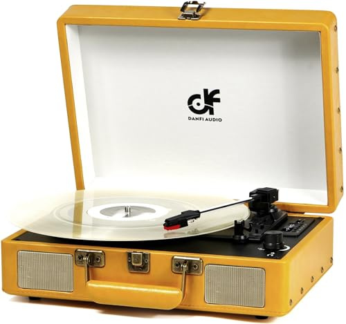 Tocadiscos de maleta Bluetooth vintage con altavoces integrados, tocadiscos portátil de 3 velocidades con grabadora de audio de vinilo USB RCA entrada auxiliar y conector para auriculares (amarillo,