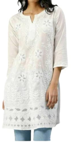 TFGO White Net Embroidery Women's Chikankari Cotton Straight Knee Length Kurta (as8, Alpha, x_l, Regular, Regular)
