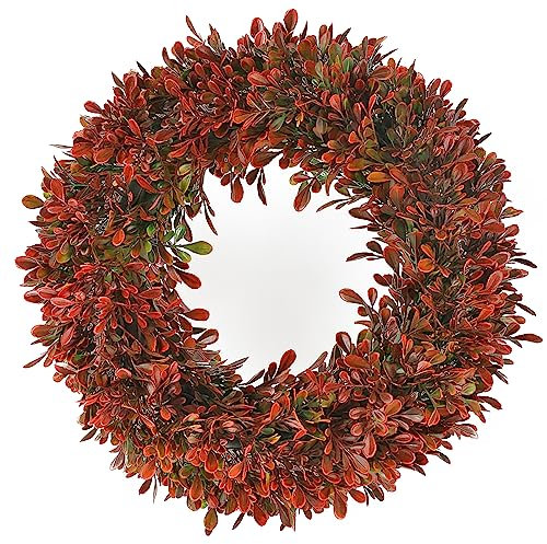 SLFYEE 40cm Türkranz Künstliche Eukalyptus Kranz Deko Hänged Autumn Wandkranz Eukalyptus für Hochzeit Party Garten Fenster Kamin Indoor Dekoration Outdoor Rot