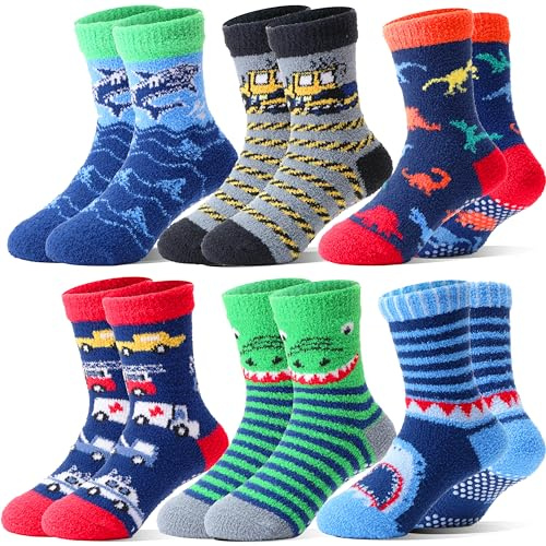 Chaussettes Antidérapantes Enfant Garçon, Chaussette Enfant 31-34, Chaussettes Chaudes épaisses Hiver Chaussons Polaire pour Garçon， Chaussttes pilou pilou Enfant 6 paires Cadeau Noel Animaux voitures