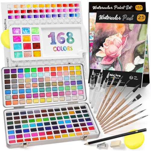 Nicpro 168 Farben Aquarellfarben Set von enthält Metallic Macaron Fluorescent, 8 Malpinsel, 25 Aquarellpapiere, Palette, Künstlerbedarfsset für Künstler, Erwachsene, Kinder, Anfänger mit Box