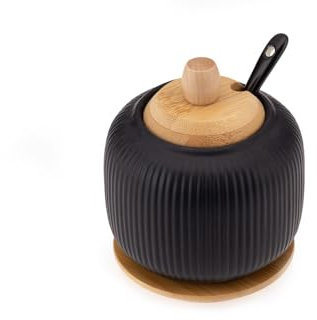 Pullmer Sucrier en céramique avec couvercle en bois de bambou avec soucoupe en bambou et une cuillère à sucre (OSBO noir)