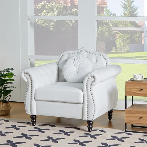 AVZEAR Modern Velvet Upholstered Accent Chair, Mid-Century Modern Armchair, Tufted Lounge Reading Chair, White, 1 Seater