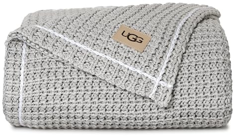 UGG Luna Knit Blanket Throw Cotton Chunky Soft Throw for Couch or Bed Cozy Warm Waffle Giftable Lightweight Blanket for Living Room Bedroom or Dorm Machine Washable, 50-inch x 70-inch, Stone Grey