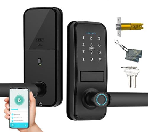 Smart Lock, Serrure de Porte d'Entrée Sans Clé Avec Poignée Noire Mate Sleek Mat, Clavier Électronique Deadbolt, Empreinte Digitale et Clavier Tactile, Verrouillage de Porte