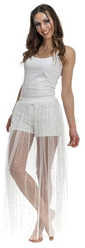 Chaks - Falda larga de tul con purpurina, falda transparente, festivales | Falda de malla para Carnaval, festivales y fiestas, cintura elástica, combinable con body, bikini o pantalones cortos