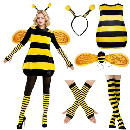 Moerstar Costume Ape Donna, Set Vestito Ape Donna con Ali Ape, Cerchietto Ape e Accessori Ape Carnevale Costume Ape Cosplay per Carnevale Halloween (S)
