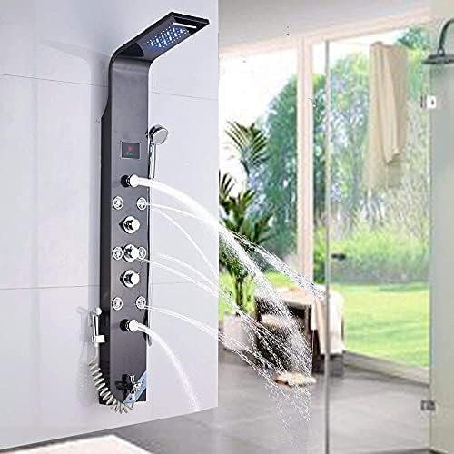 Duschpanel LED duschuppsättning 6 funktioner vattentemperatur display med vattenfall duschkastrull kroppsmassage munstycke handdusch och badkran för badrum blomstrande