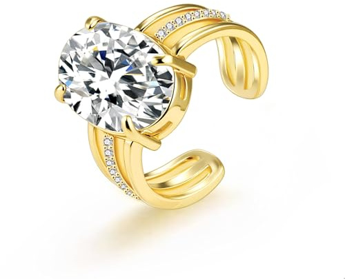 ALEXCRAFT Bague Ouvert Or Femme, Bagues Grande Zircone Réglable Large, Plaqué Or 14K, Brillant, Hypoallergénique, Bagues d'Amitié, Cadeaux de Bijoux pour Fille, Mère, Copine